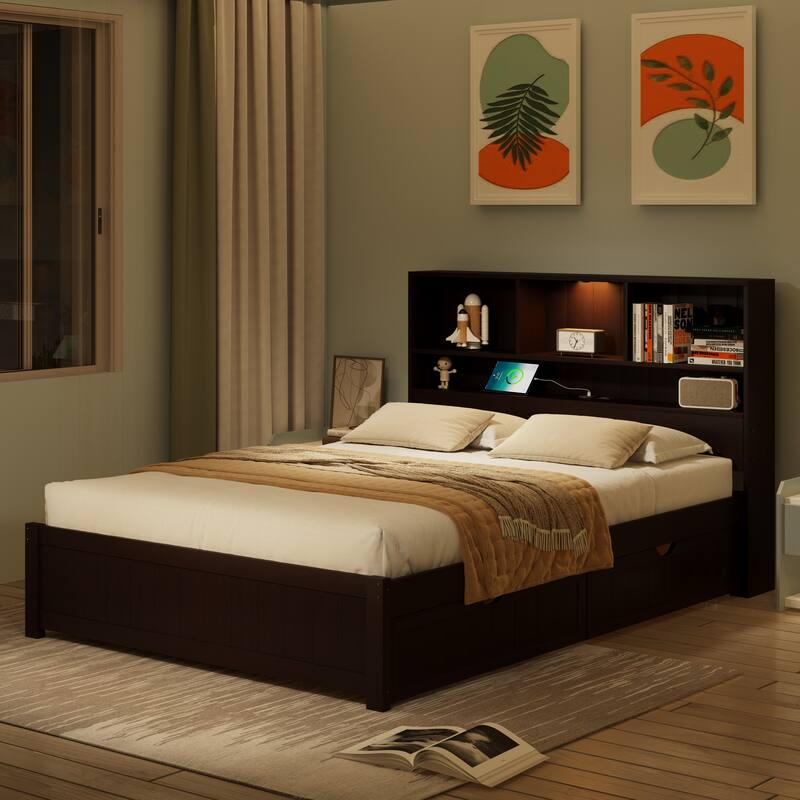 Wood Platform Bed Frame with Built-In Night Light/Charging Station/Open Bookcase Headboard/and 2 Side Drawers/Wood Slats Support - Espresso - Full