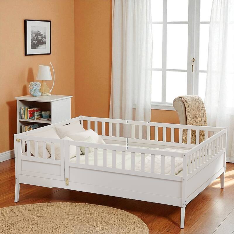 Montessori Twin/Full Size Wooden Floor Bed with Safety Fence and Door, Low Platform Bed Frame for Kids Toddlers