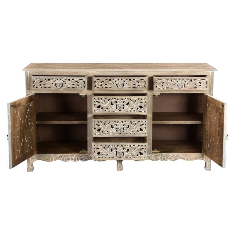 HomeRoots 66" Gray Distressed Solid Wood Carved Floral Six Drawer Sideboard with Two Doors - 66.00 in. x 36.00 in. x 20.00 in.