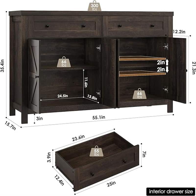 Buffet Sideboard Cabinet - 15.7"D x 55.1"W x 35.4"H