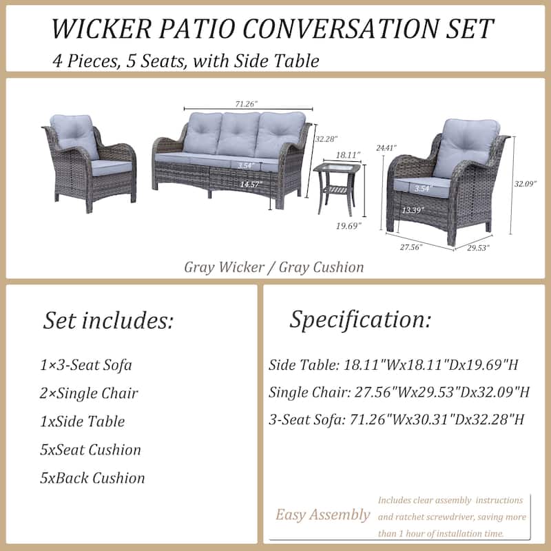4 Piece Outdoor High Back Wicker Patio Conversation Furniture Sets