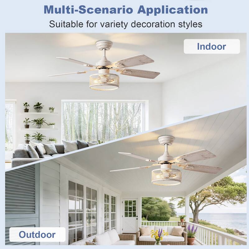 42-52Inch Caged Ceiling Fans with Lights: Dual Finish 5 Blades - Rustic with Remote Control (E26 Bulb Included)