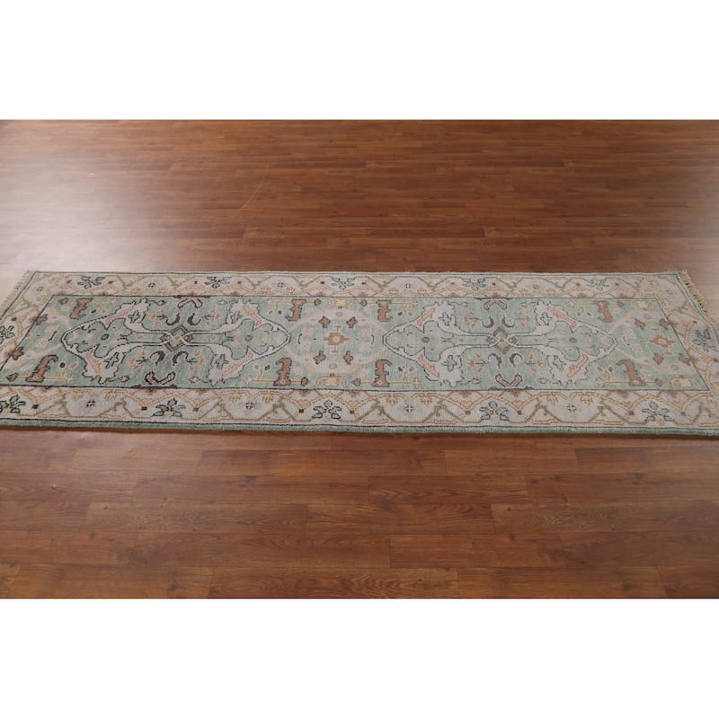 Green Oushak Oriental Runner Rug Hand-Knotted Wool Carpet - 2'6"x 8'0"