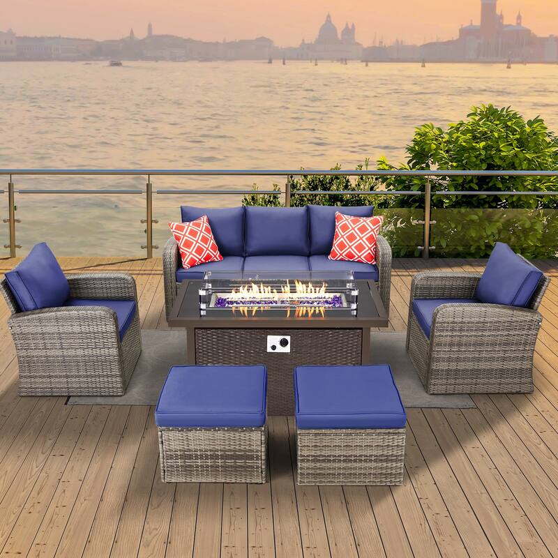 6-Piece Rattan Patio Set with Fire Pit Table, Outdoor Conversation Set with Cushions, Weather-Resistant Sofa Sectional - With Fire Pit Table - Navy Blue