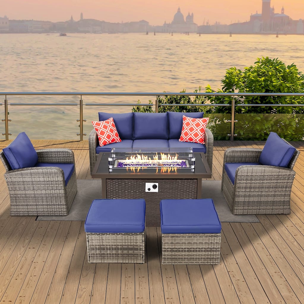 6-Piece Rattan Patio Set with Fire Pit Table, Outdoor Conversation Set with Cushions, Weather-Resistant Sofa Sectional