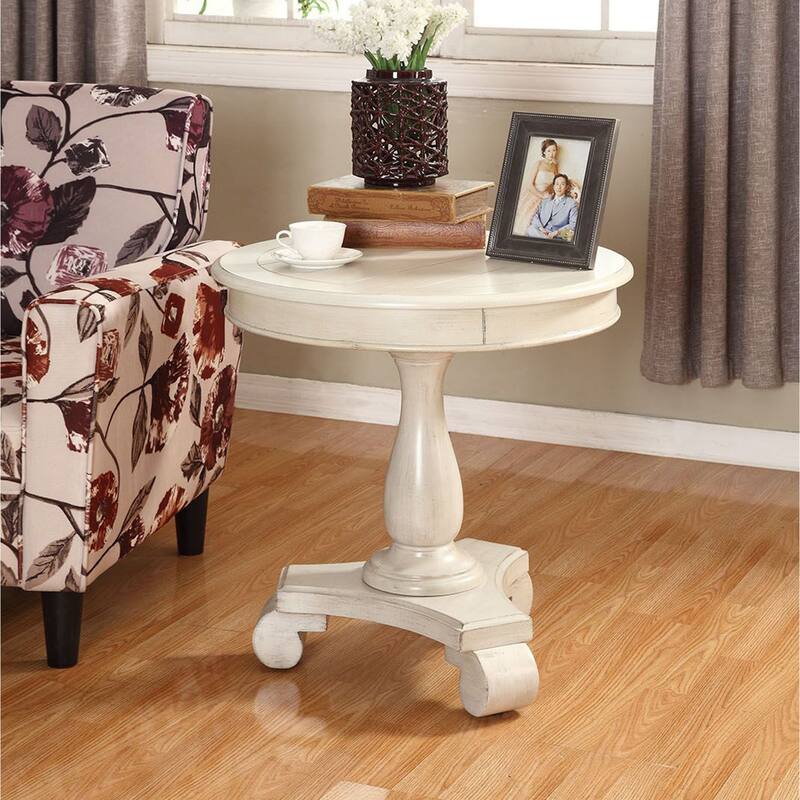 Rene Round Wood Pedestal End Table with Scrolled Legs - White