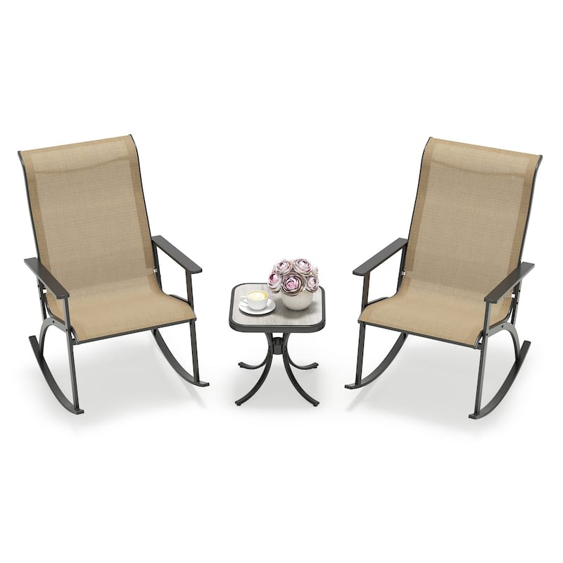 Black-Brown Metal Patio Rocking Chair Set with Side Table and Fabric - Chair: 34" x 25.5" x 41"