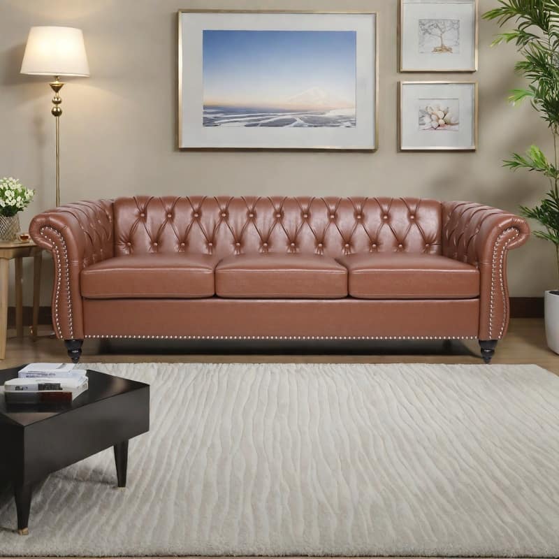 84.65" PU Leather Chesterfield Sofa with Rolled Arms (3-Seater)