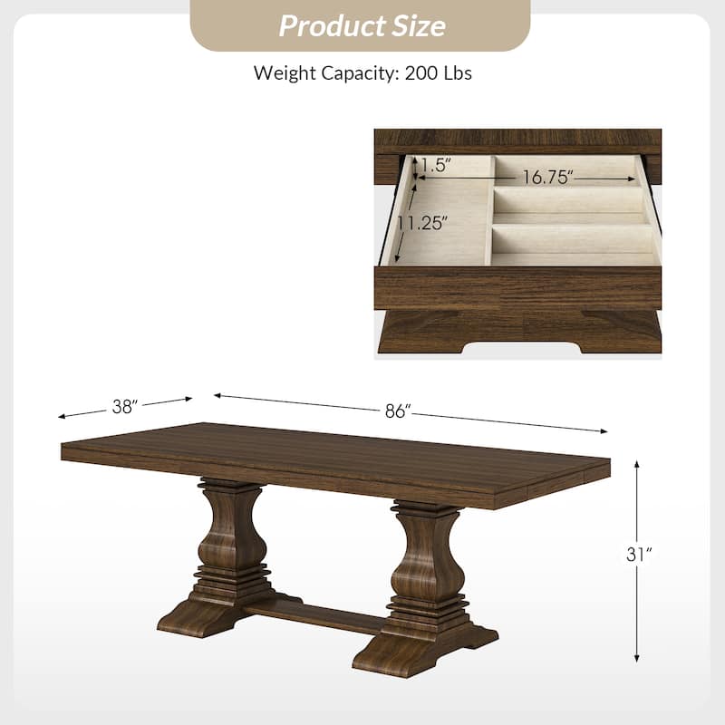 Pawel 86" Farmhouse Double Pedestal Dining Table with Two Built-in Divided Drawers by HULALA HOME