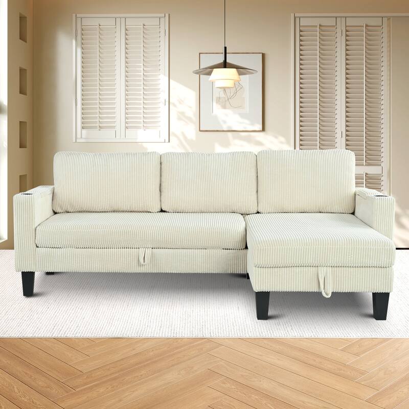 Reversible L-Shaped Beige Corduroy Sleeper Sofa with Storage, Cup Holder & USB Ports