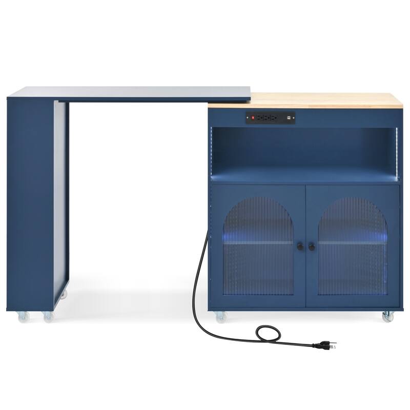 Navy Blue Rolling Kitchen Island on Wheels with Extended Table, Rubber Wood Table Top Kitchen Cart Portable Kitchen Cabinet