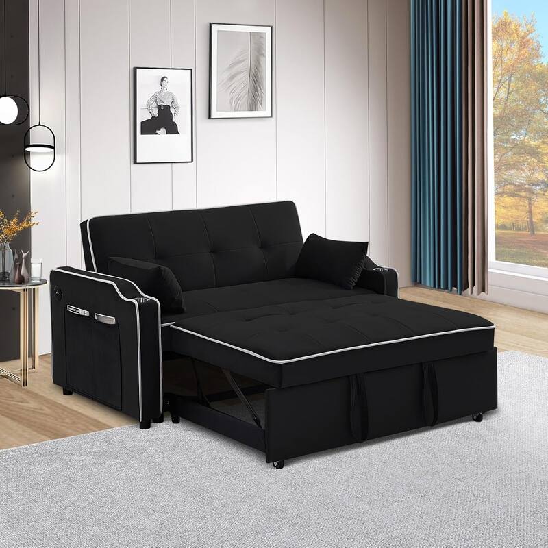 3-in-1 Multi-Functional Velvet Sleeper Sofa Couch with Pullout Bed, Loveseat Sofa Sleeper with USB Port