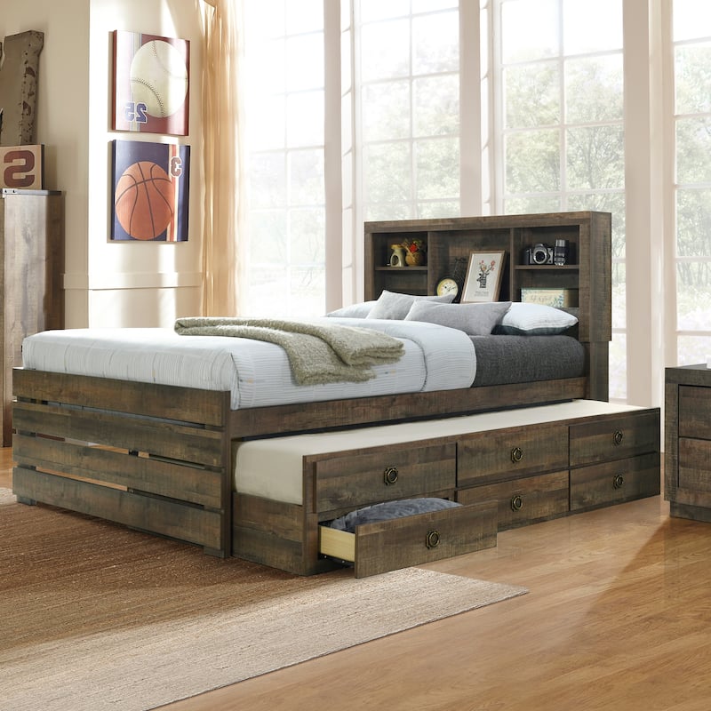 Farmhouse Style Full Size Bookcase Captain Platform Bed with Three