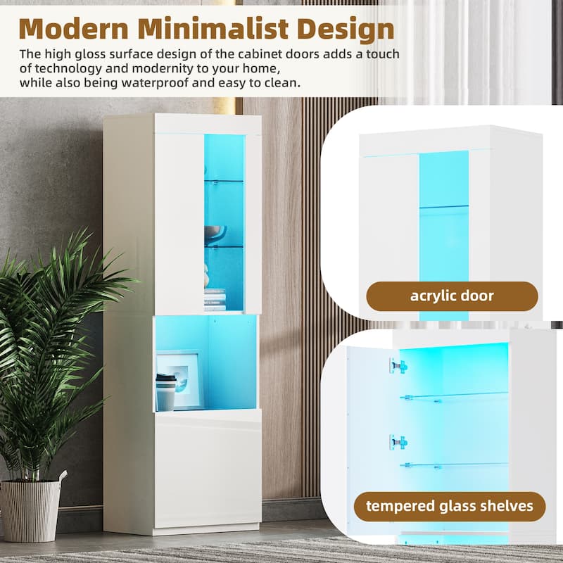 67" Tall Pantry Cabinet Storage Cabinet with LED Lights, Modern Bookcase&Display Cabinet with Tempered Glass Shelves
