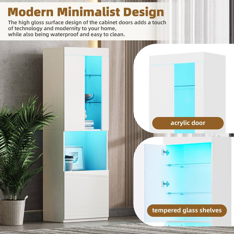 High Gloss Storage Cabinet with LED Lights and Acrylic Door, Tall Pantry Display Cabinet - 21.6" W × 13.7" D × 66.9" H