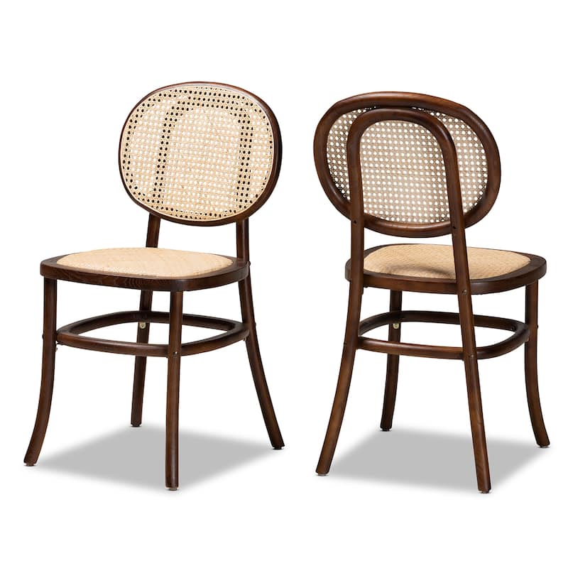 Garold Mid-Century Modern Woven Rattan and Wood Dining Chair Set(2PC)