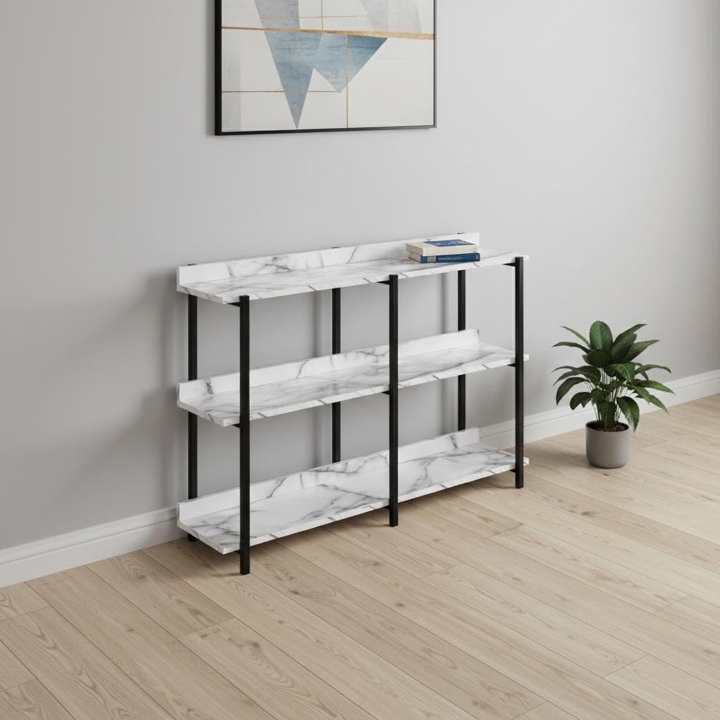 HomeRoots 47" White and Black Wood and Metal Faux Marble Console Table With Three Shelves - 47.25 in. x 34.00 in. x 12.00 in.