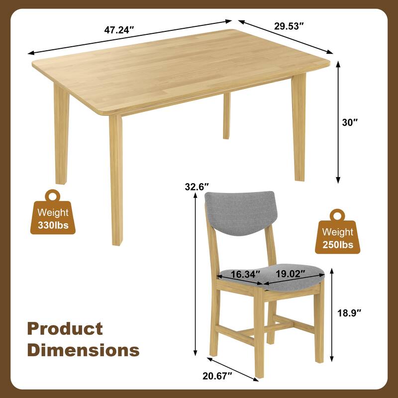 Rustic 5-Piece Farmhouse Dining Set - Solid Wood Table & 4 Upholstered Chairs for Kitchen, Dining Room