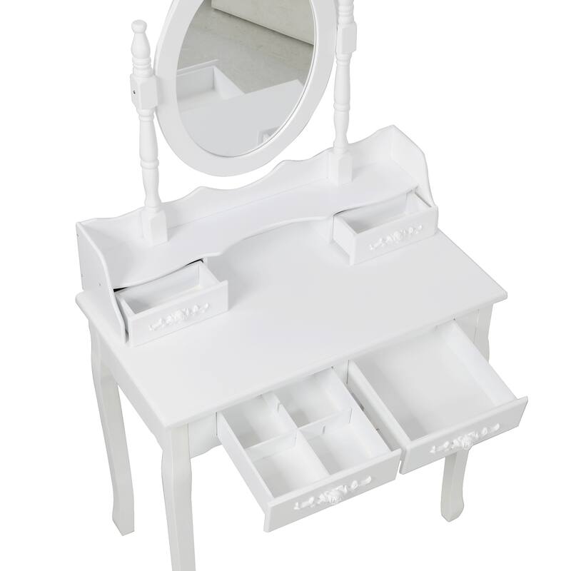 White Princess Vanity Set with Mirror & Cushioned Stool, 4-Drawer Makeup Dressing Table