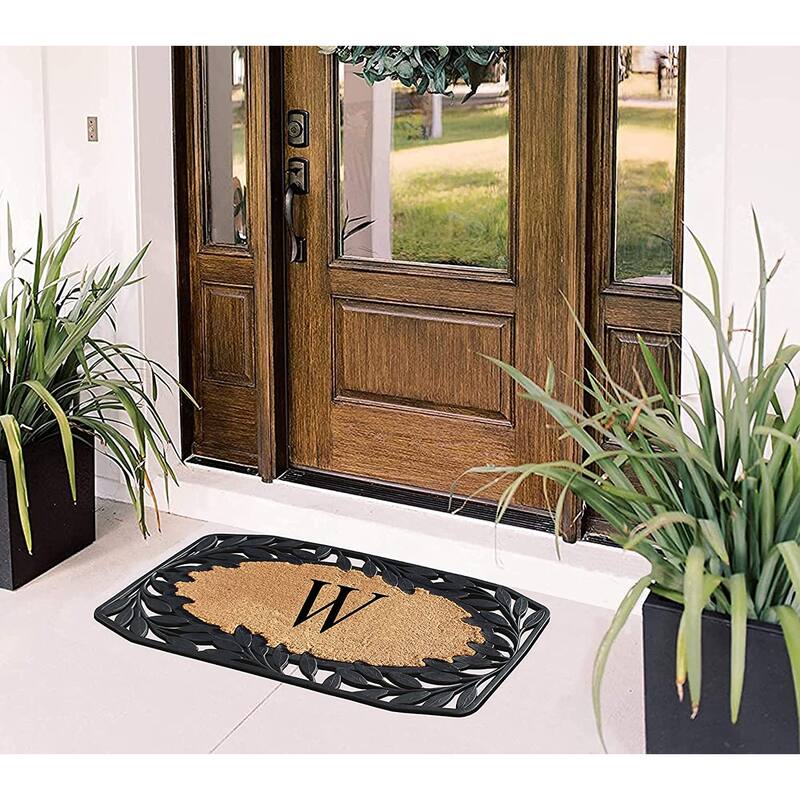 A1HC Rubber and Coir Stylish Leaf Border Large Outdoor Durable Monogrammed Doormat, Black - 23" X 38"