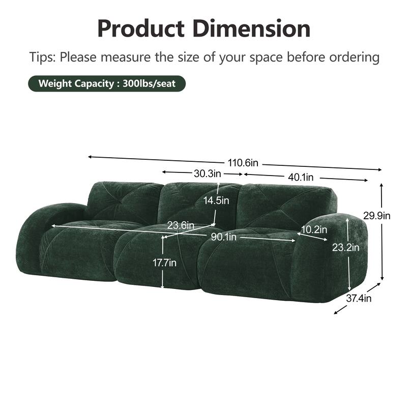 Rossetta 110" Anti-Slip Design Tufted Velvet Modular Boneless Sectional Cloud Couch, No Assembly Required