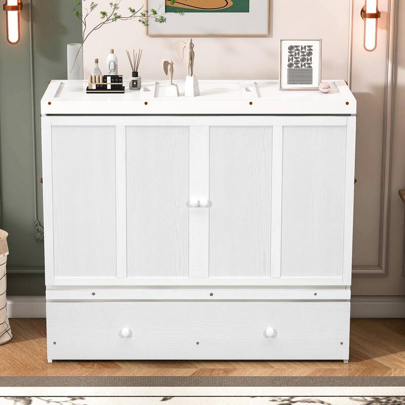 Wood Murphy Chest Bed Frame with Drawer and Charging Station, Space Saving Hidden Folding Cabinet Bed