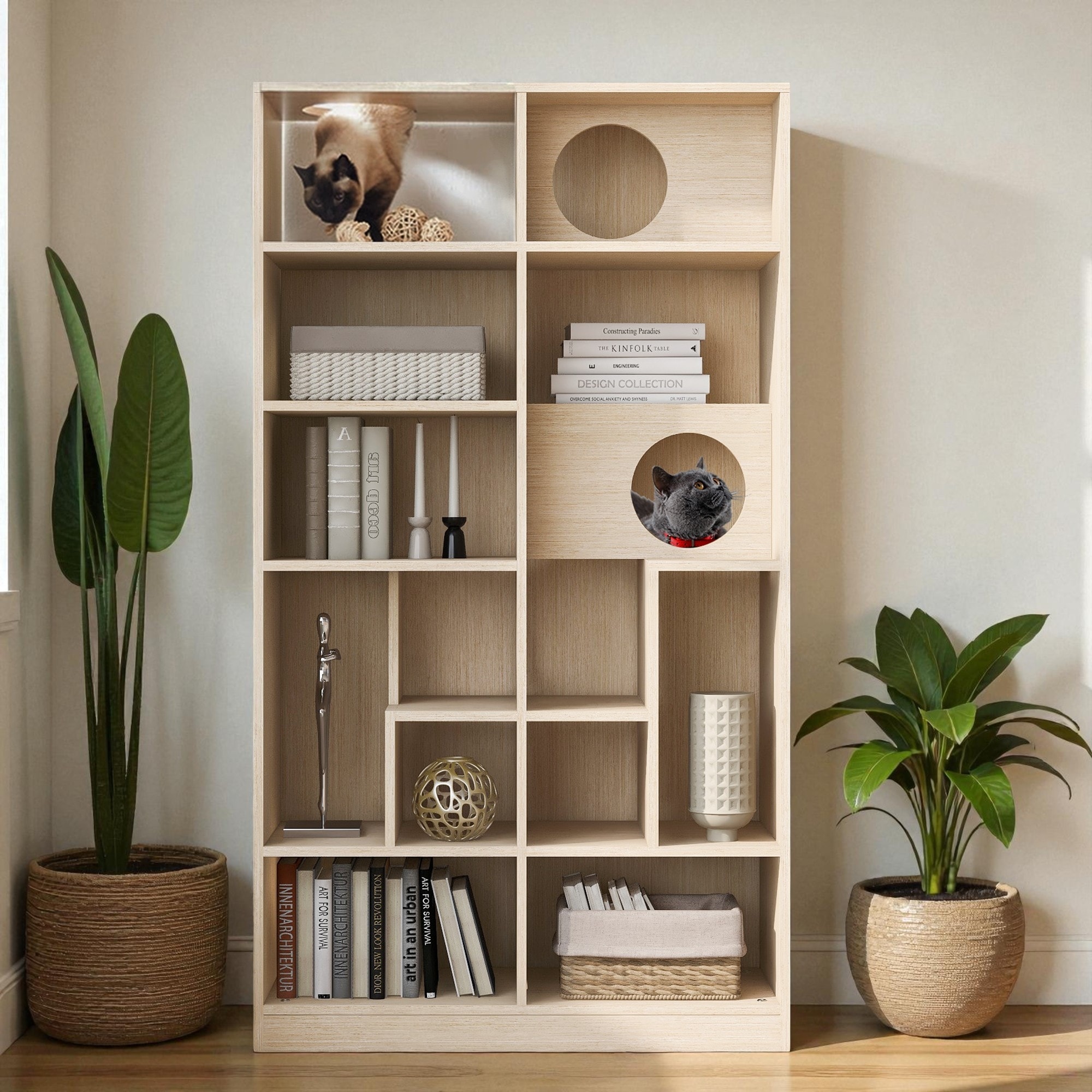 Modern 2-in-1 Wood Bookshelf and Storage Cabinet, 5-Tier Display Bookcase Organizer for Living Room or Home Office