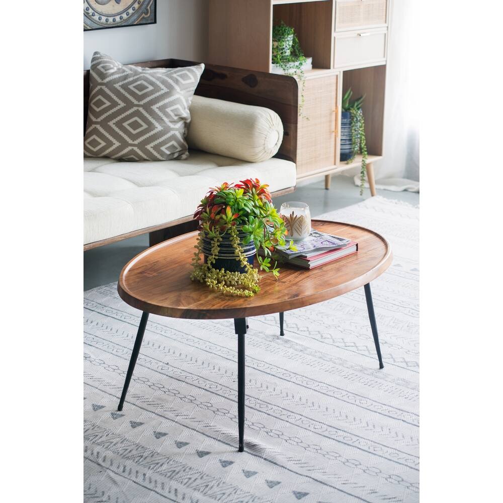 GDFStudio - Oval Coffee Table with Natural Acacia Wood Top and Iron Frame - 40.4"