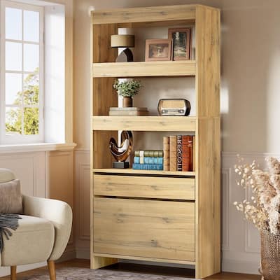 71 Inches Oak Engineered Wood Bookshelf, Tall Bookcase with Drawers and File Cabinet