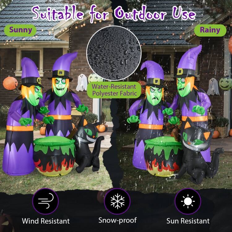 Multi-Color Polyester 6Ft Inflatable Halloween Witches with LED Lights and Black Cat
