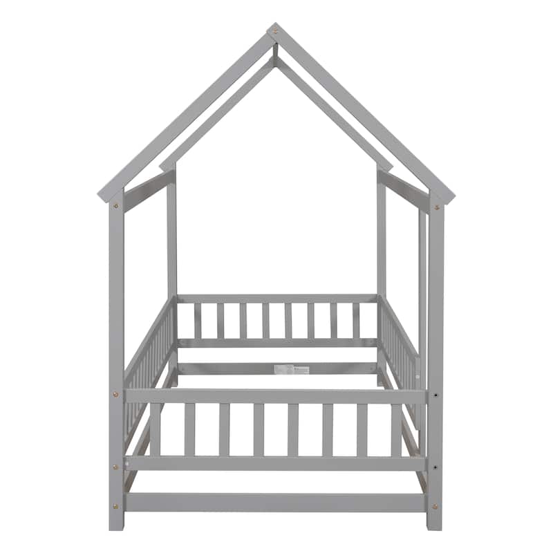 Full/Twin Size Wooden Bed with House Roof Frame and Fence Guardrails