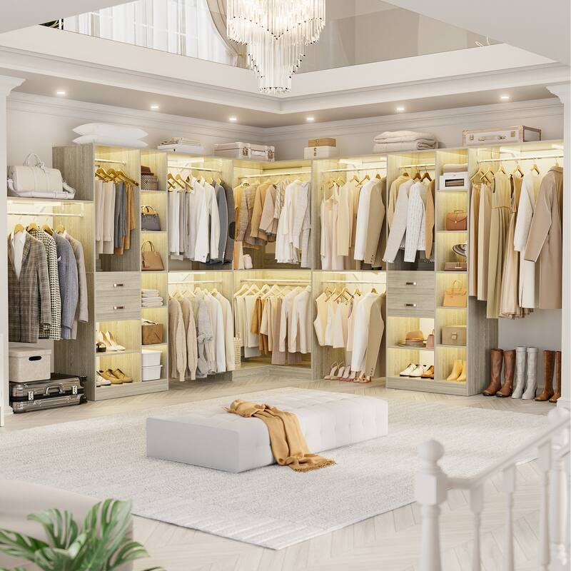 Navada 95'' - 188'' Closet System with Hanging Rods, Set of 3 Corner Closet Organizer with Drawers and Shelves - Washed Oak