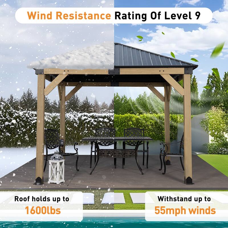 Aoodor 10 x 10 ft Wooden Frame Gazebo with 2-Tier Galvanized Metal Hardtop Roof, Outdoor Patio Gazebo with Charging Socket