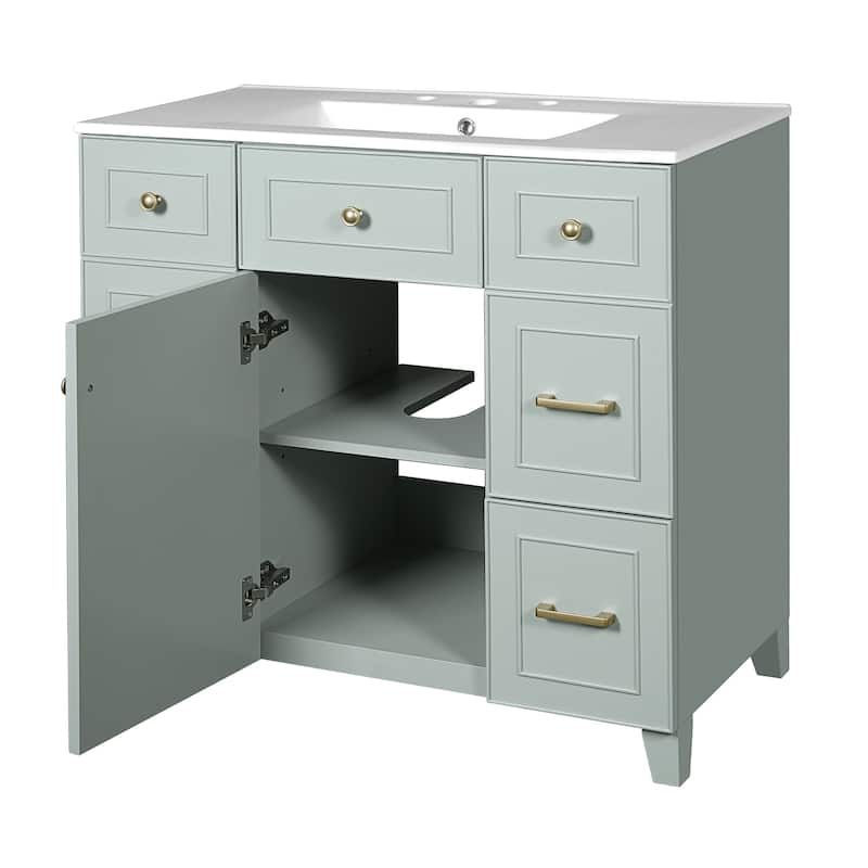 36" Green Bathroom Vanity with Ceramic Sink, Soft-Close Doors, 2 Double-Layer & 2 Standard Drawers, Adjustable Shelf