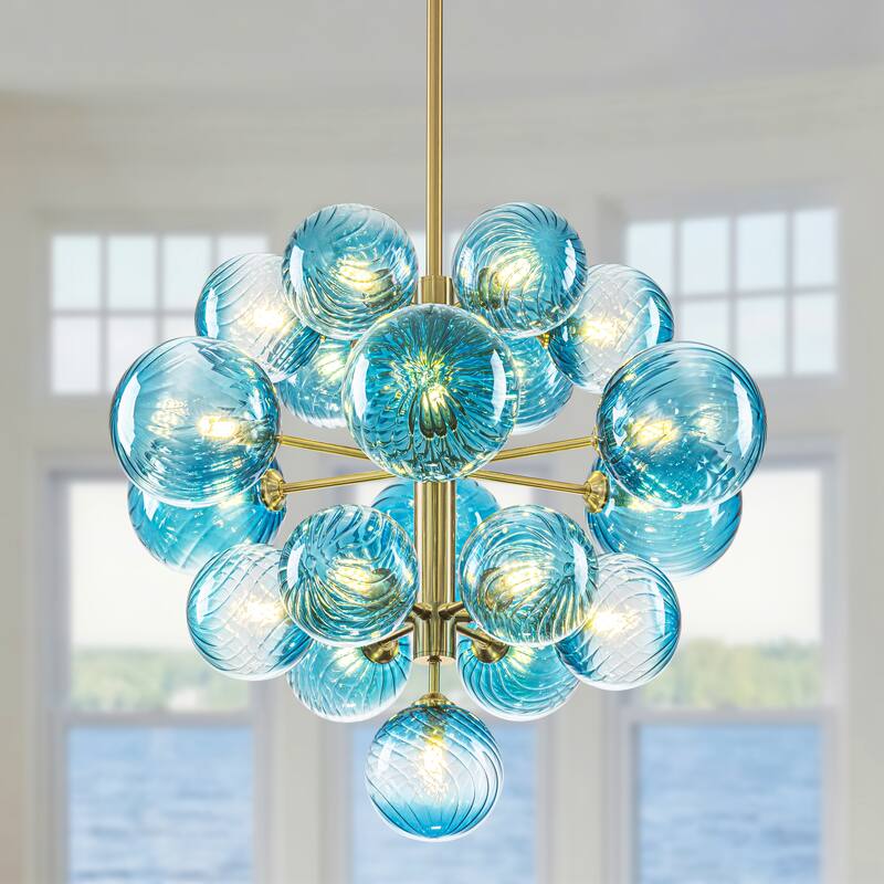 Starsky 19-Light Glam Tiered Cluster Blue Swirled Bubble Chandelier
