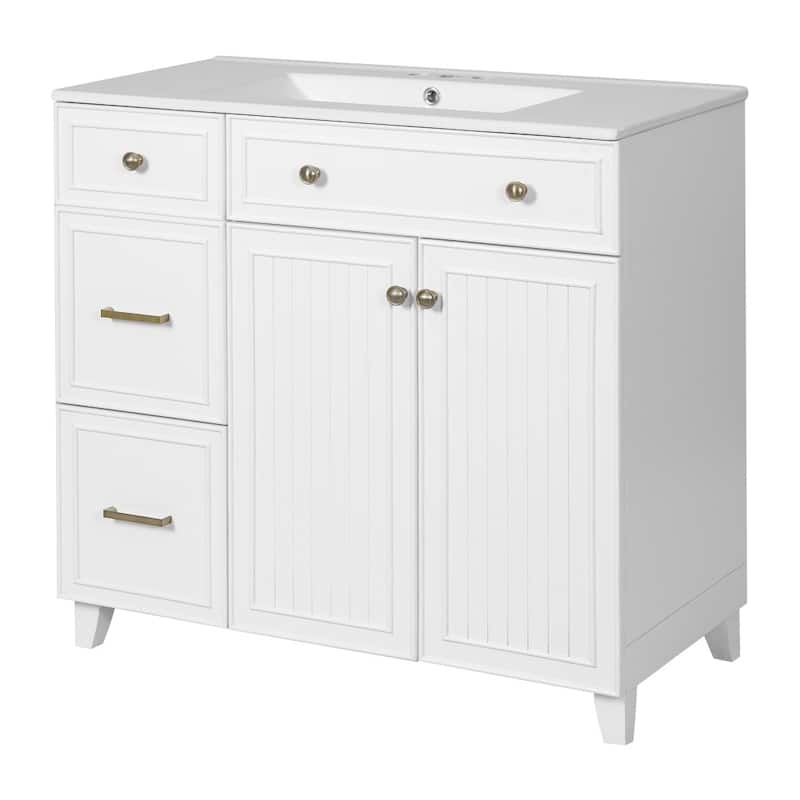 36" Ceramic Sink Bathroom Vanity with Double-Layer Drawer and Storage Cabinet