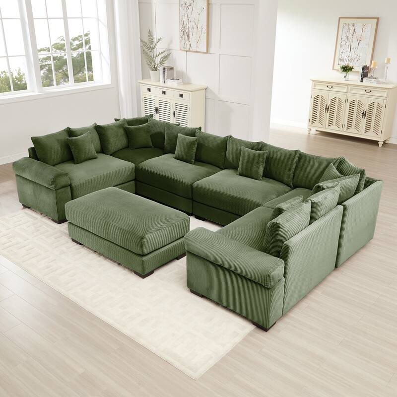 GDFStudio - Corduroy U-Shaped 6-Seater 137.7" Cloud Modular Sectional Couch with Ottoman - Green