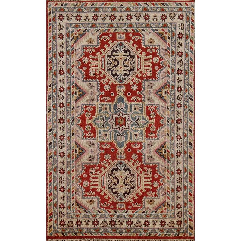 Red Geometric Kazak Oriental Area Rug Handmade Wool Carpet - 3'10"x 6'0"