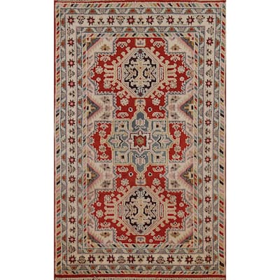 Red Geometric Kazak Oriental Area Rug Handmade Wool Carpet - 3'10"x 6'0"
