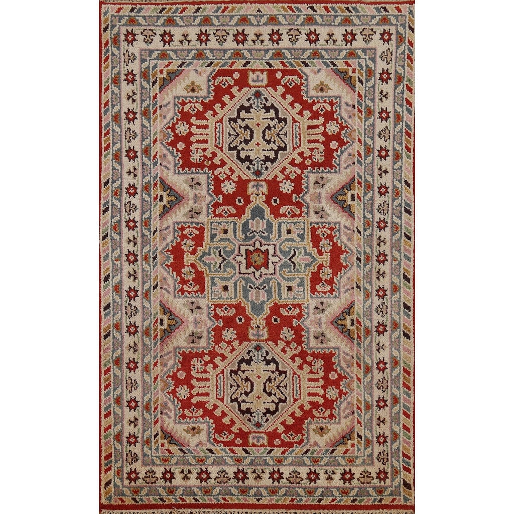 Red Geometric Kazak Oriental Area Rug Handmade Wool Carpet - 3'10"x 6'0"