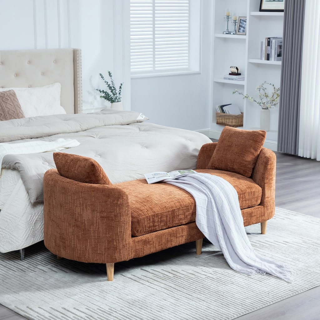 77.17"W Upholstered End of Bed Bench with Armrests, Chaise Lounge Couch with 2 Bolster Pillows, Daybed with Rubberwood Legs