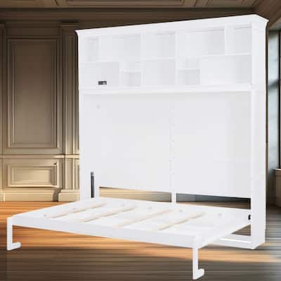 Queen Size Murphy Bed Wall Bed with Top Shelves, USB Ports & No Box Spring Needed - Space-Saving Design for Multi-Use Rooms