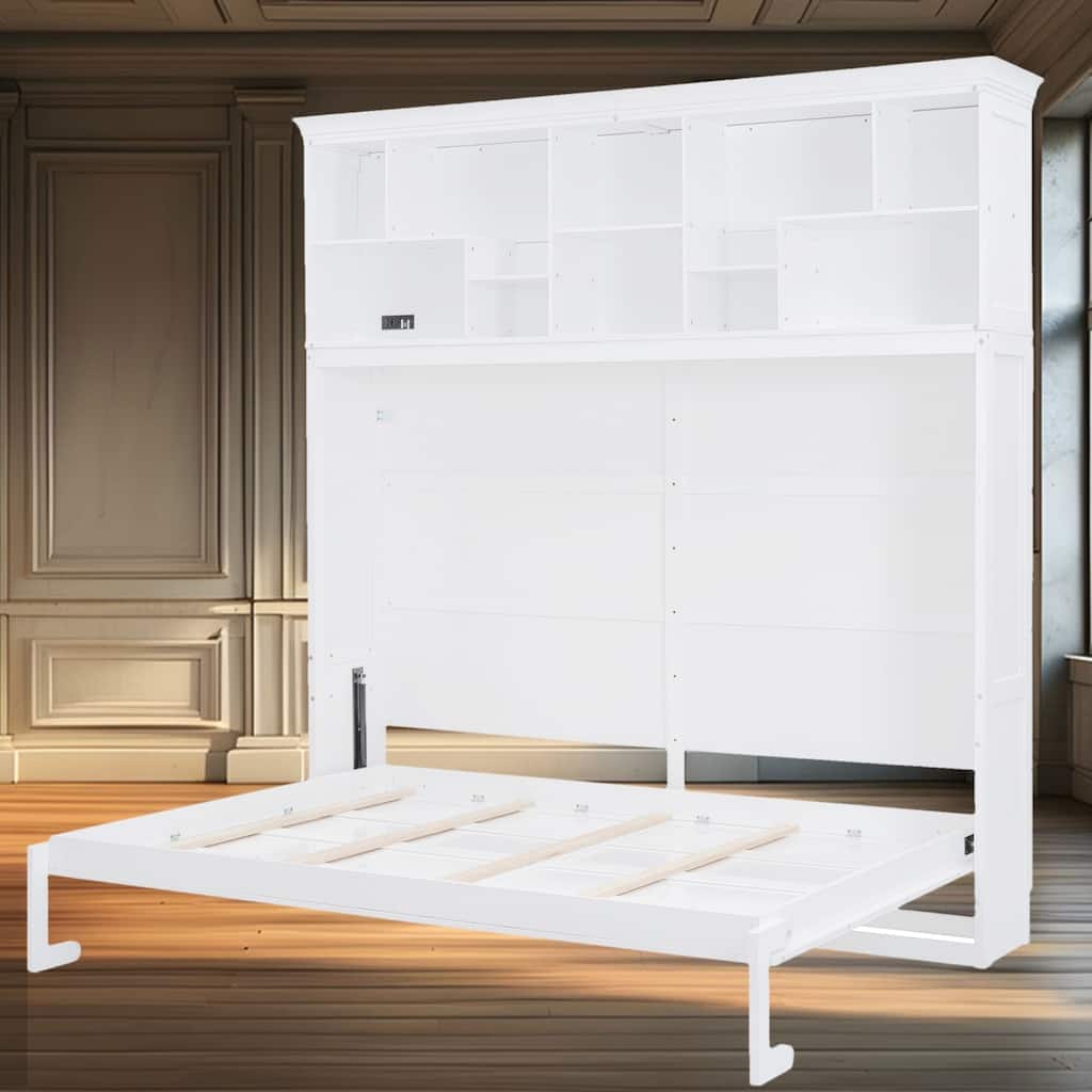 Queen Size Murphy Bed Wall Bed with Top Shelves, USB Ports & No Box Spring Needed - Space-Saving Design for Multi-Use Rooms