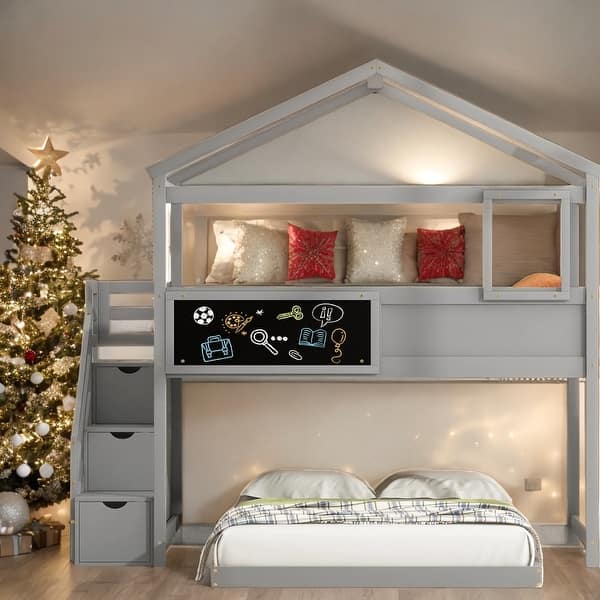 slide 2 of 24, Twin over Full House Bunk Bed with Storage Staircase and Blackboard Grey