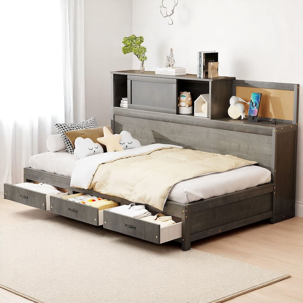 Wood Twin/Full Daybed Frame with Storage Drawers, USB Charging Ports, Shelf, and Headboard Organizer