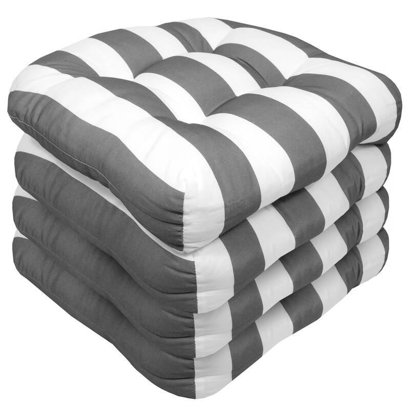 Sweet Home Collection Havana Stripe Patio Cushions Outdoor Chair Pads Thick Fiber Fill Tufted 19" x 19" - Set of 4 - Silver White