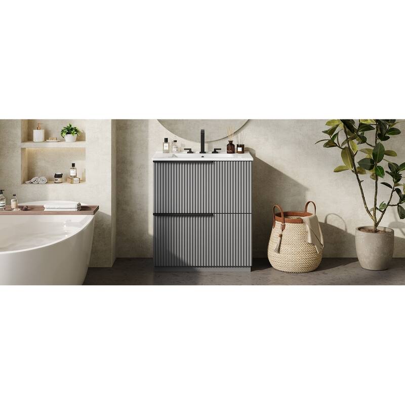 Fluted Bathroom Vanity with Ceramic Sink, Freestanding Vanities Set, Bathroom Storage Cabinet with Full-Extension Drawers