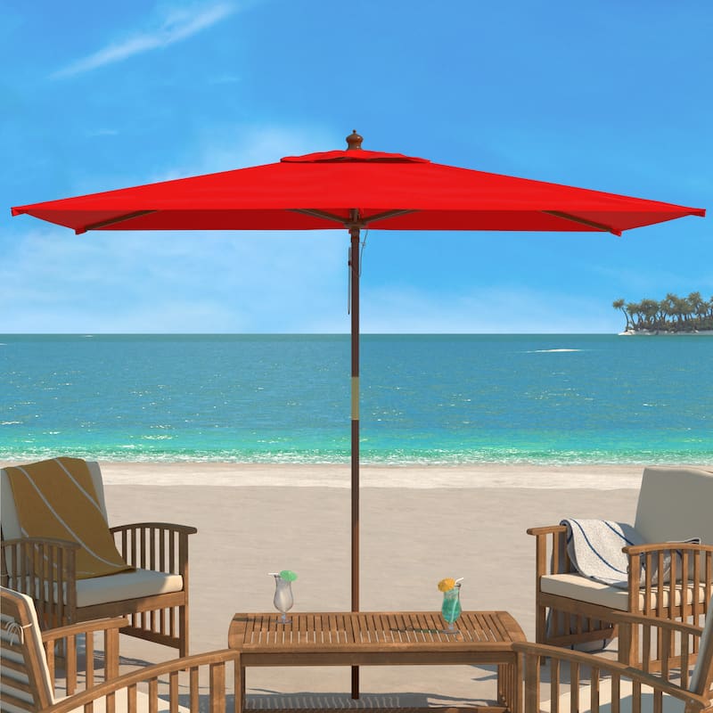 SAFAVIEH Outdoor Glauca 11-Foot Wooden Pulley Market Umbrella - Red