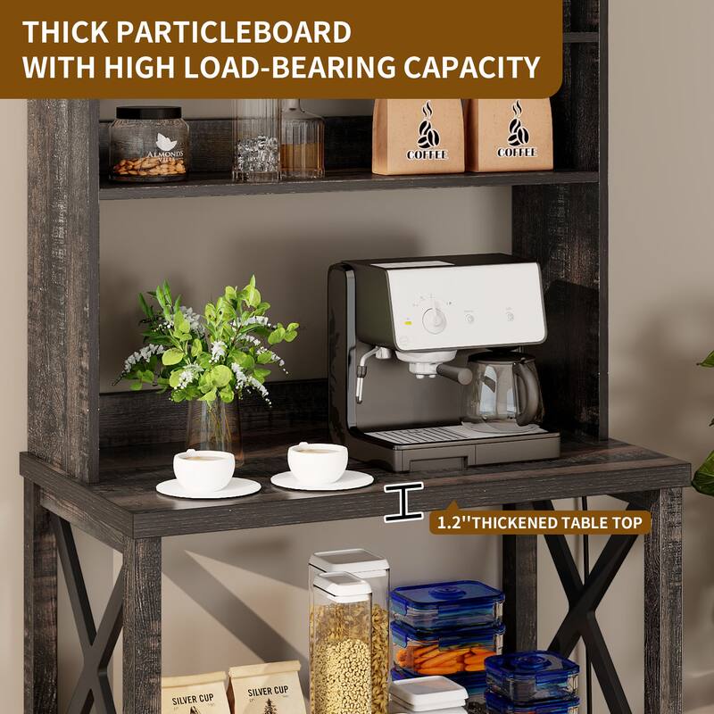 Baker's Rack Coffee Bar Cabinet Microwave Stand Rustic With Power Outlet