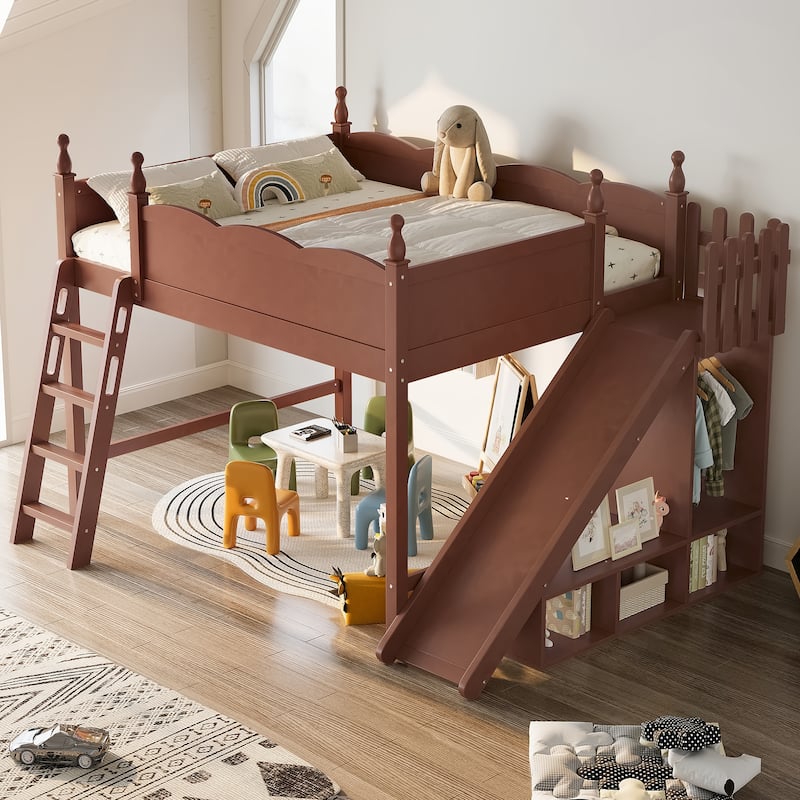 Queen Loft Bed with Storage Shelves and Wardrobe, Solid Wood Loft Beds with Detachable Slide and Ladders, No Spring Box Needed